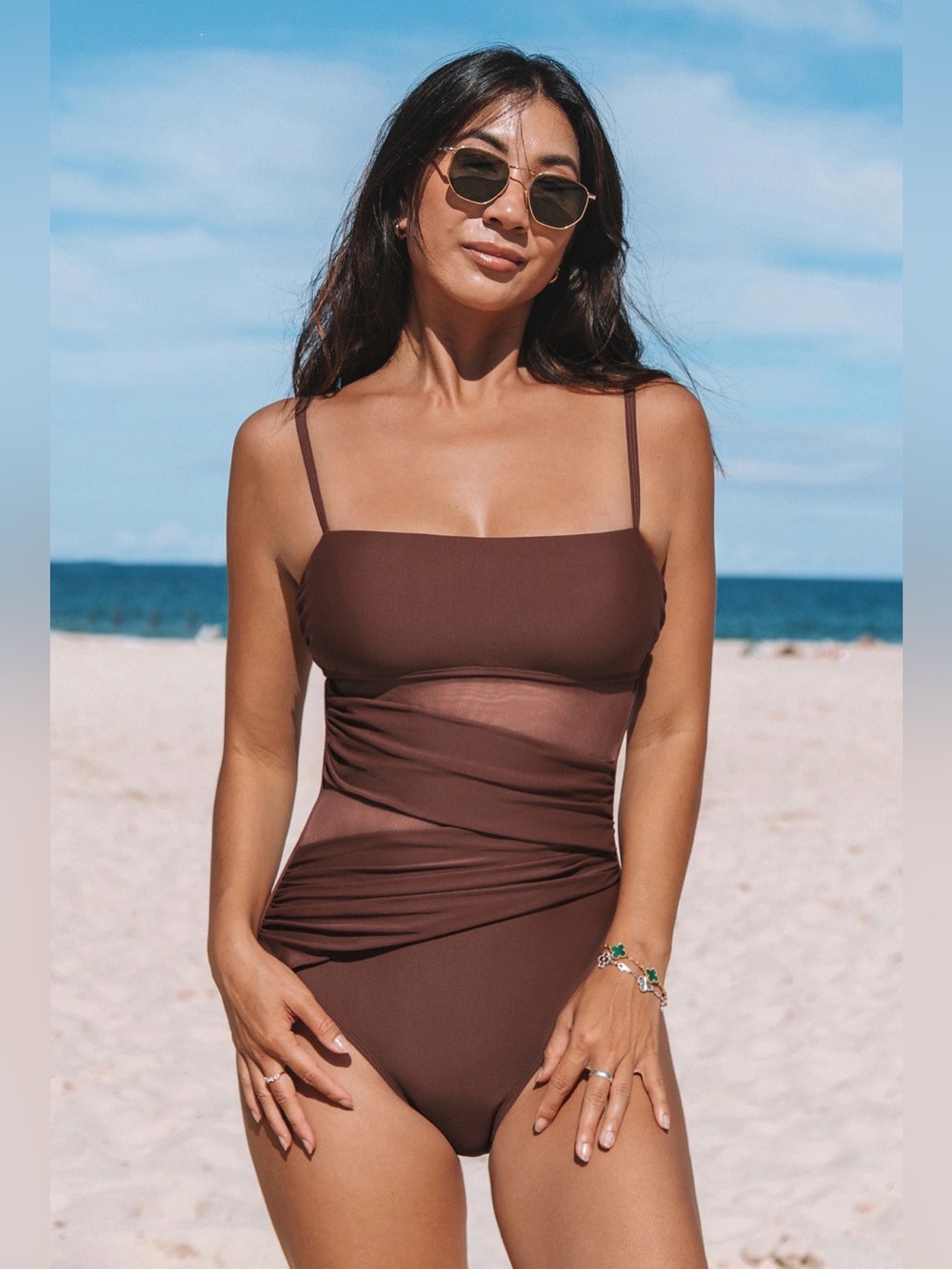 NWT Cupshe Chocolate Brown Sheer-Waist One-Piece Swim- size XL